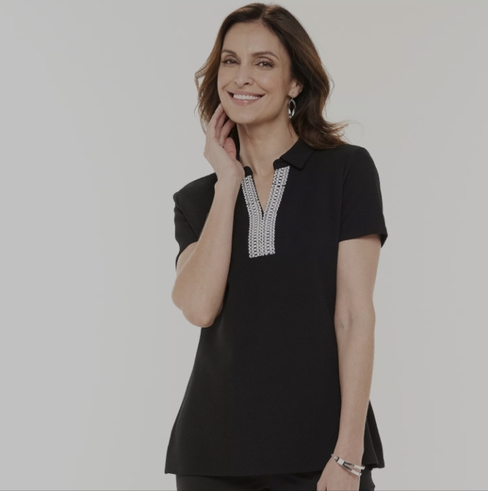 "Croft & Barrow" Collared Popover Top, Color Black With White Embroidery Size S